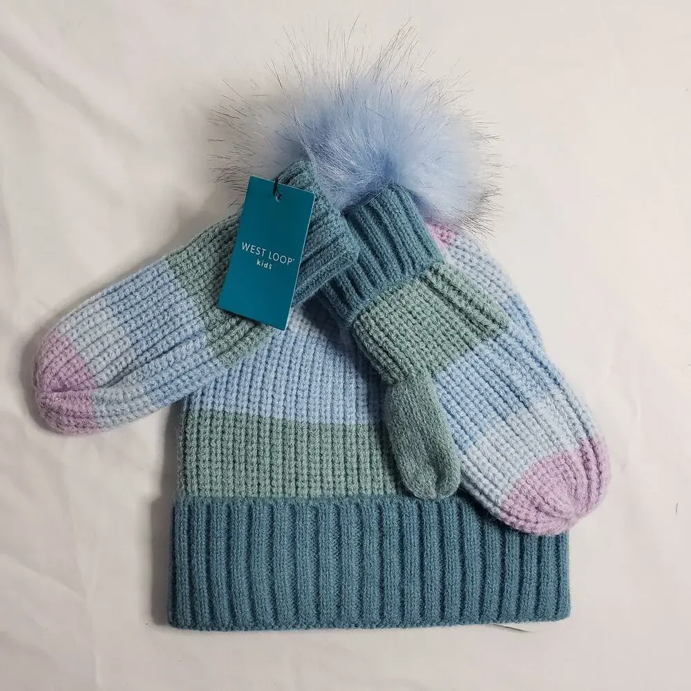 West Loop Kids One‎ Size Winter Pom Puff Hat & Glove Set Green Blue Stripe New